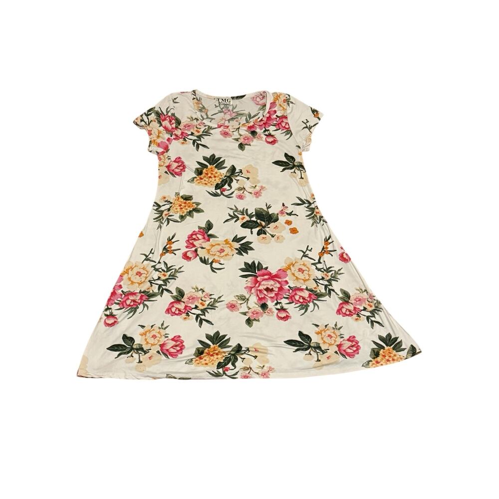 TMG White Floral Short Sleeve A-Line Mini Jersey Knit Dress Women's